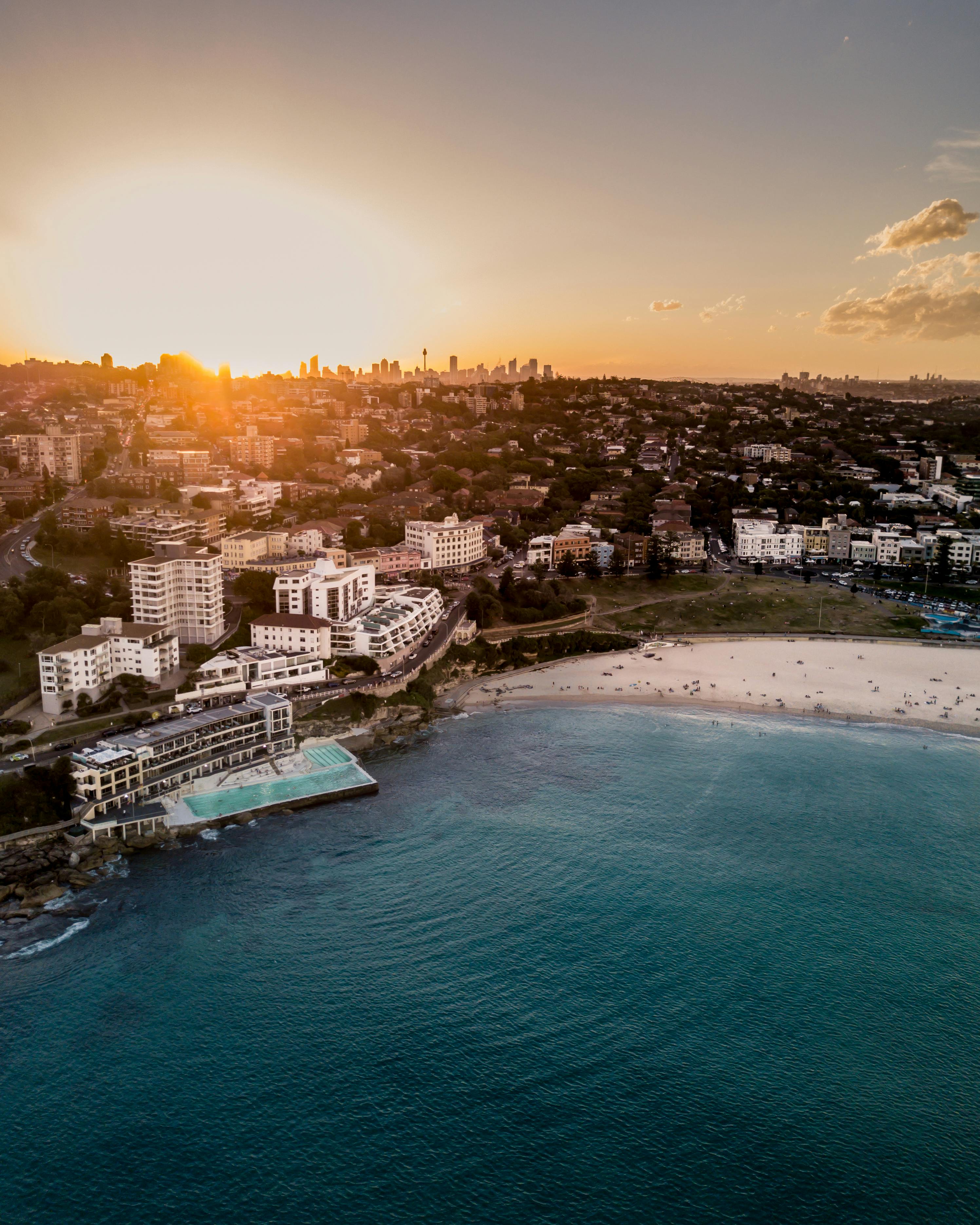 Aerial view of a Sydney coastline at sunset